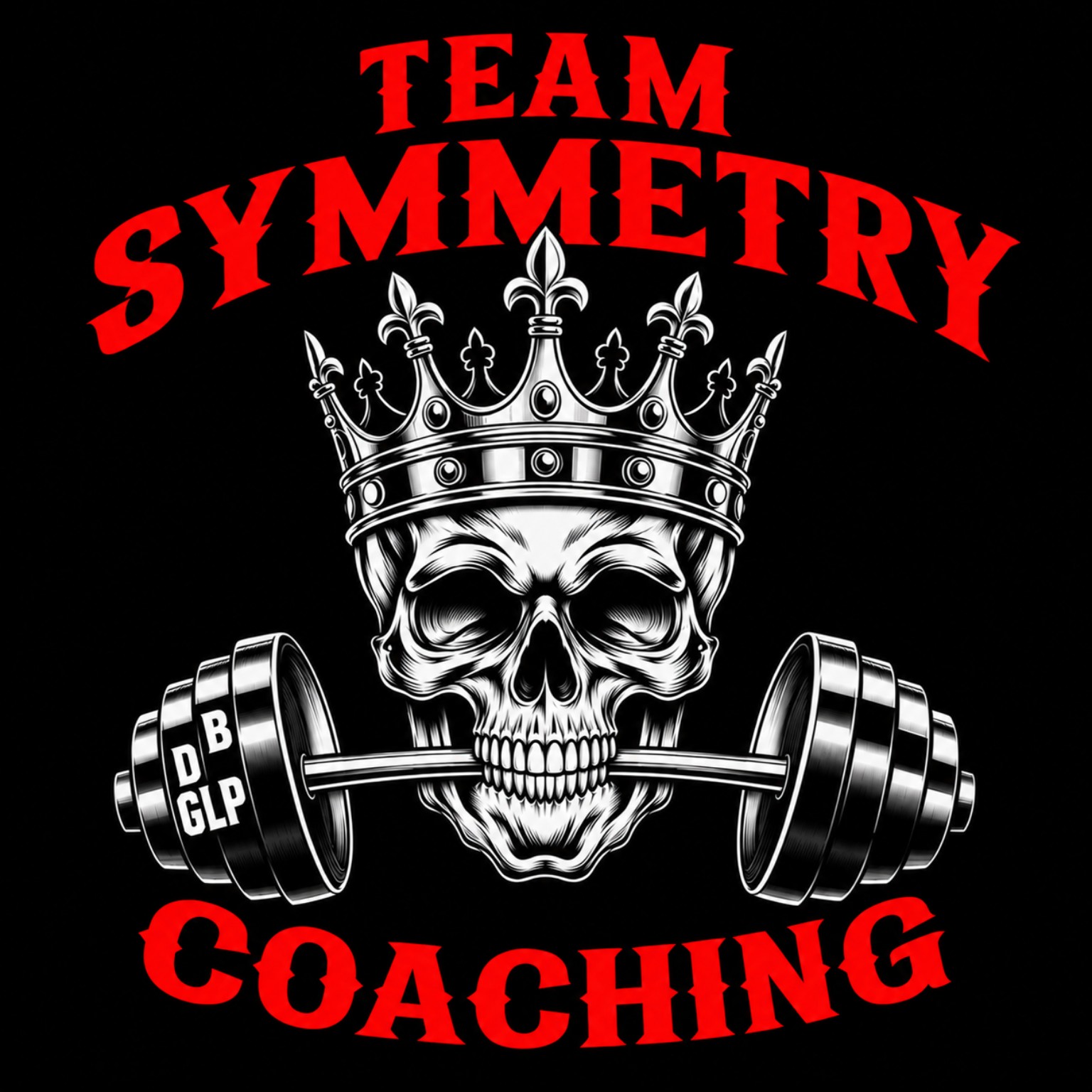 Team Symmetry Coaching crowned skull and barbell logo
